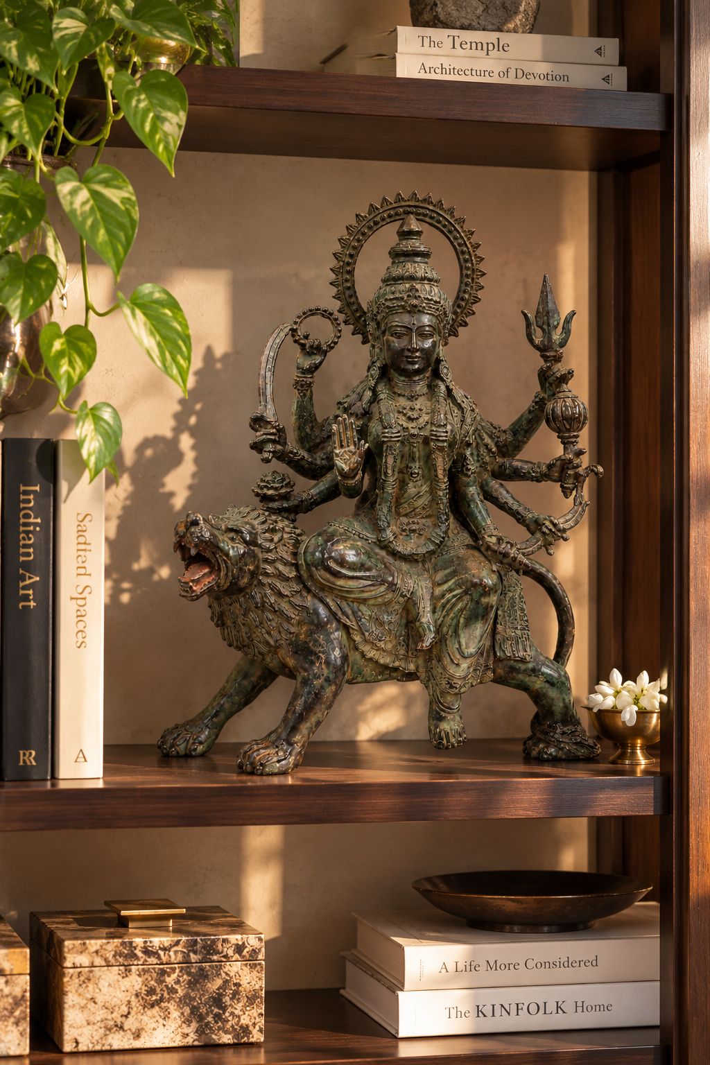 Maa Durga on Lion | Indonesian Bronze Sculpture in 13.5 Inches