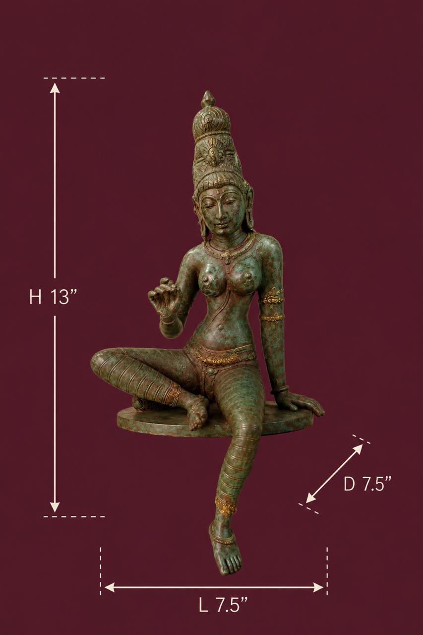 Chola Parvati in Lalitasana 13 Inches in Antique Green (Inspired by Early Chola bronzes of Parvati, circa 1000 A.D.)