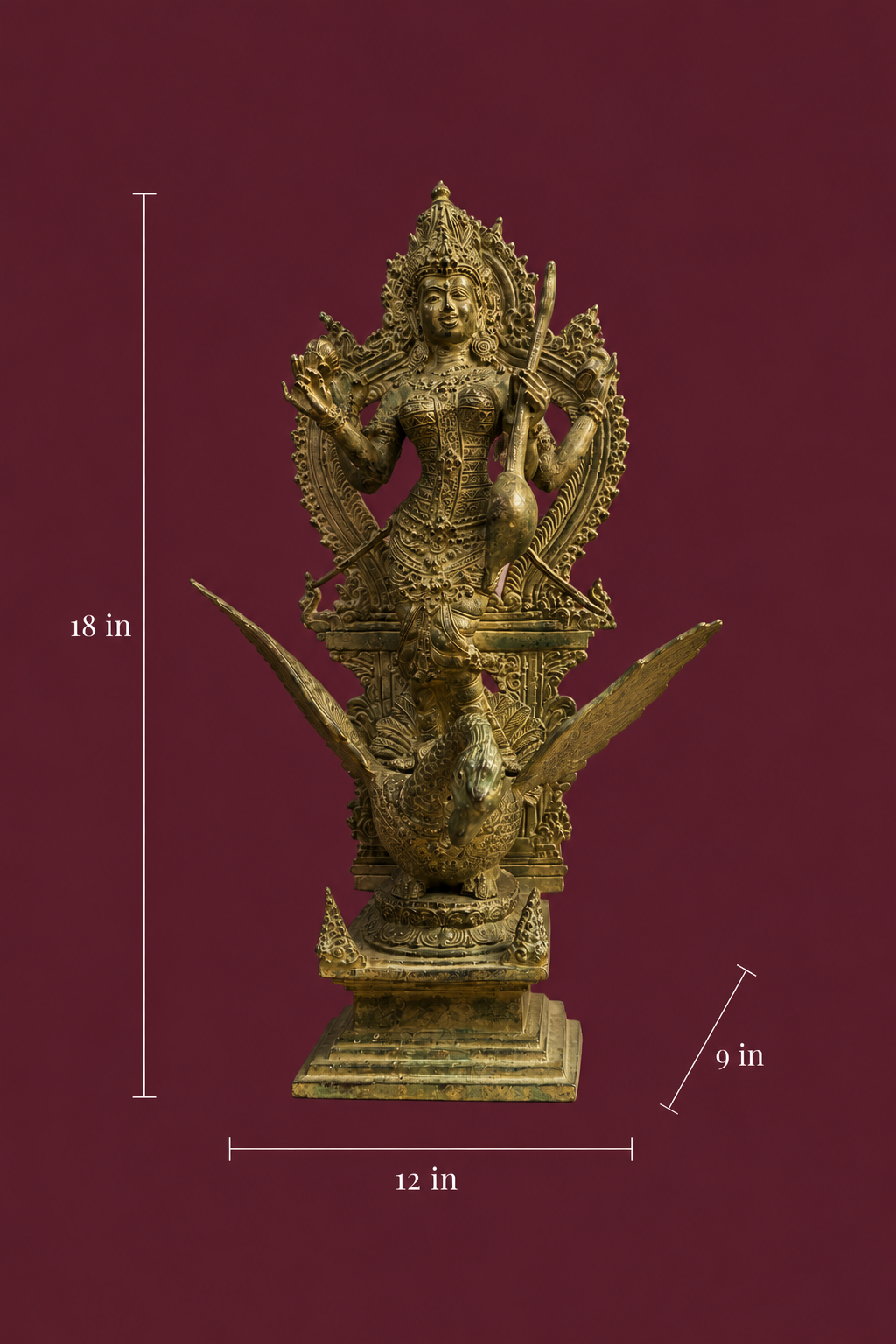 Balinese Bronze Saraswati on Swan Sculpture | 18 - Inch Antique Finish