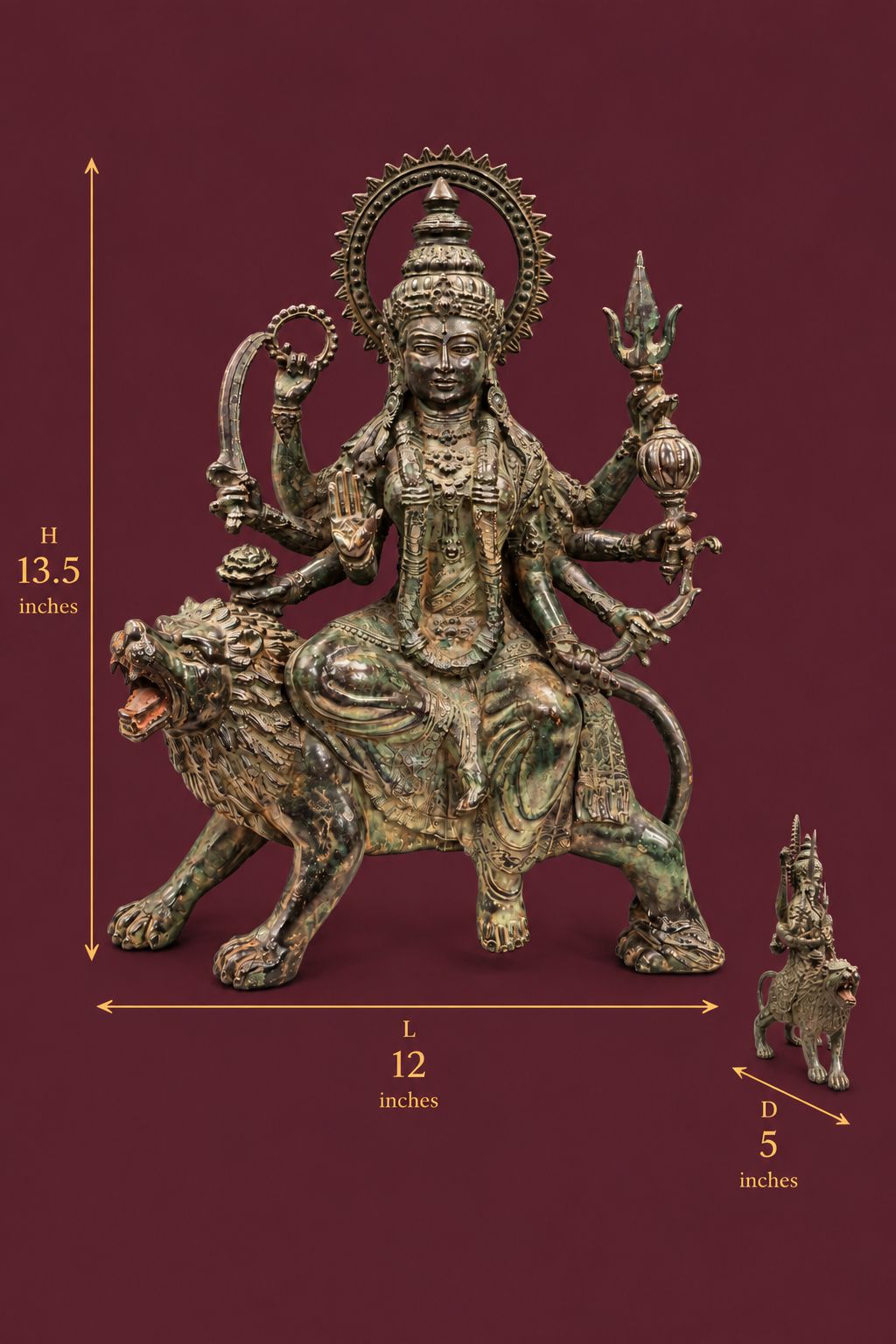 Maa Durga on Lion | Indonesian Bronze Sculpture in 13.5 Inches