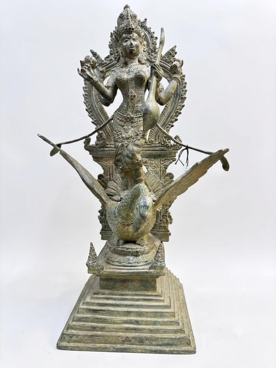 Balinese Bronze Saraswati on Swan Sculpture | 18 - Inch Antique Finish