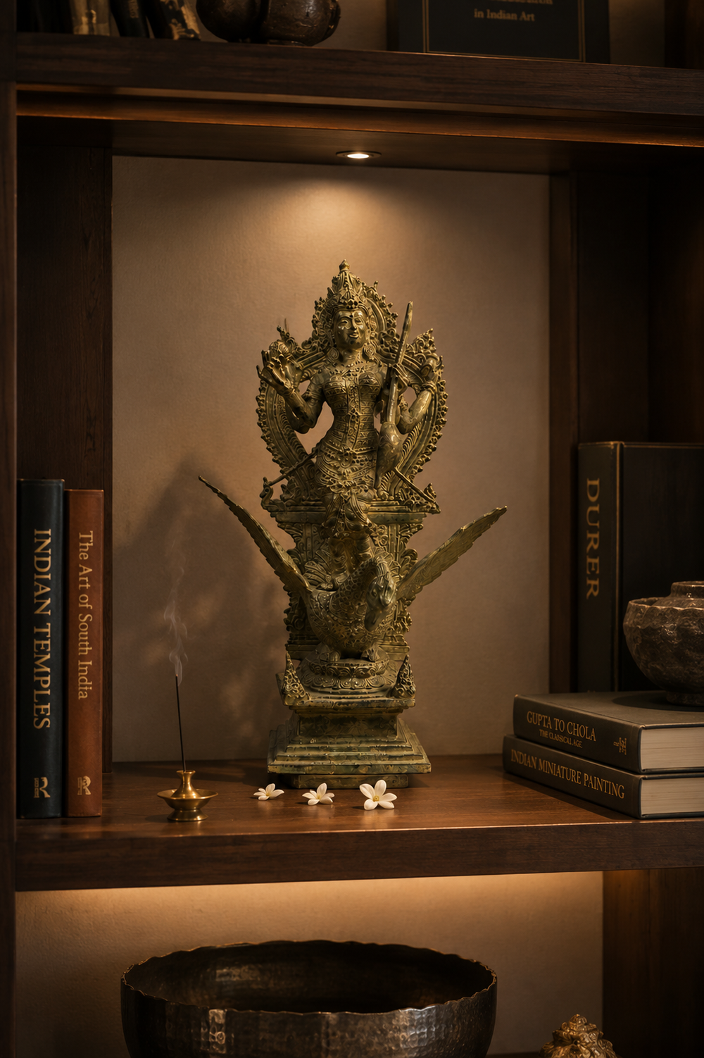 Balinese Bronze Saraswati on Swan Sculpture | 18 - Inch Antique Finish