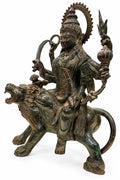 Maa Durga on Lion | Indonesian Bronze Sculpture in 13.5 Inches
