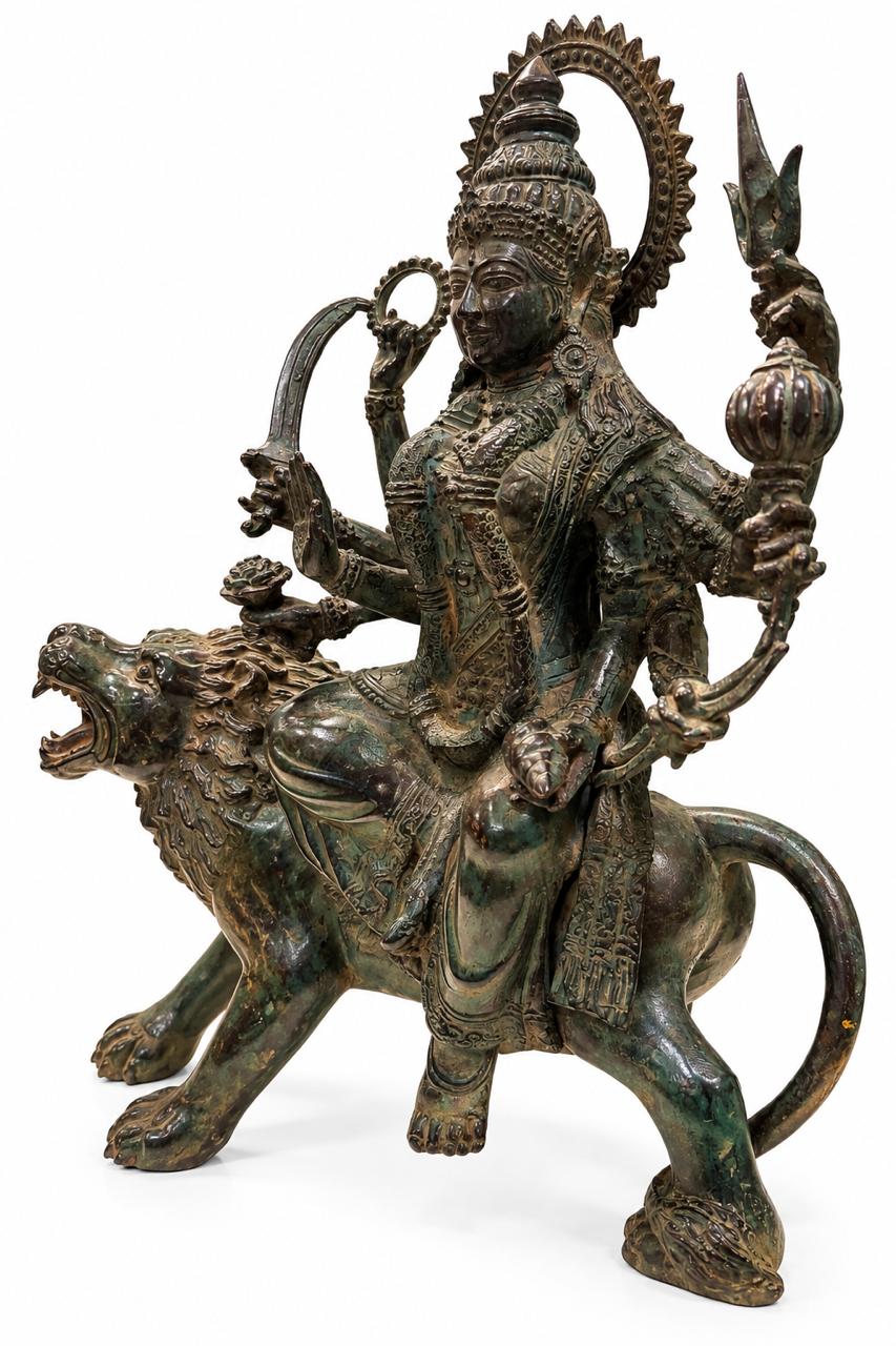 Maa Durga on Lion | Indonesian Bronze Sculpture in 13.5 Inches