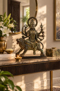 Maa Durga on Lion | Indonesian Bronze Sculpture in 13.5 Inches