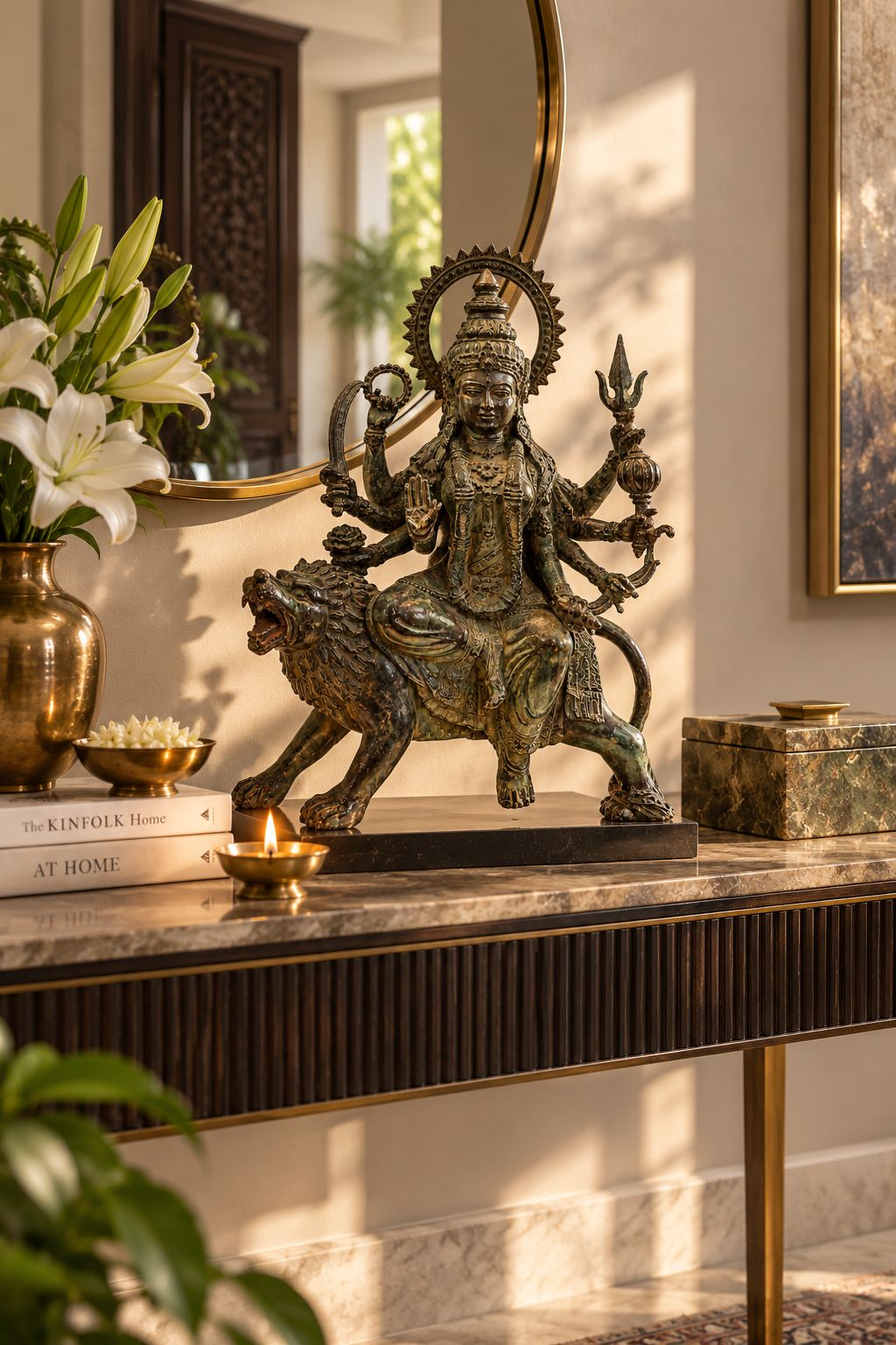 Maa Durga on Lion | Indonesian Bronze Sculpture in 13.5 Inches