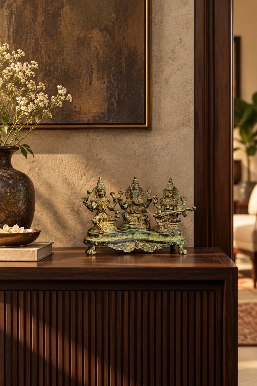 Antique Brass Ganesha, Lakshmi & Saraswati Idol – Green Patina