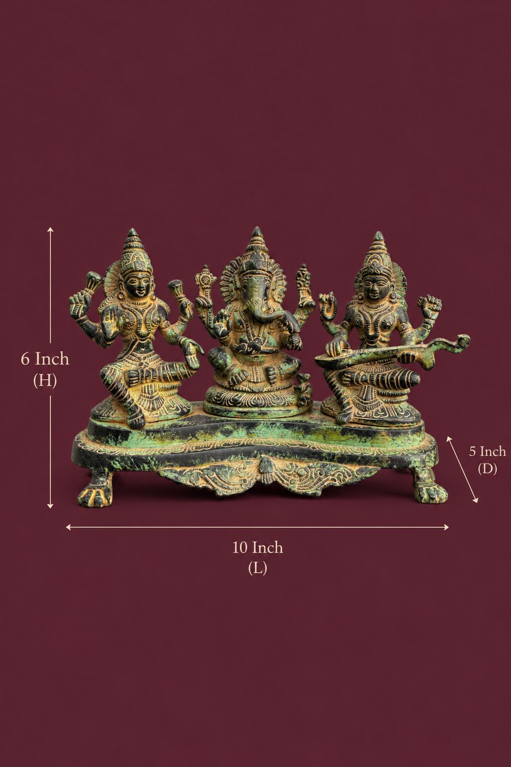 Antique Brass Ganesha, Lakshmi & Saraswati Idol – Green Patina