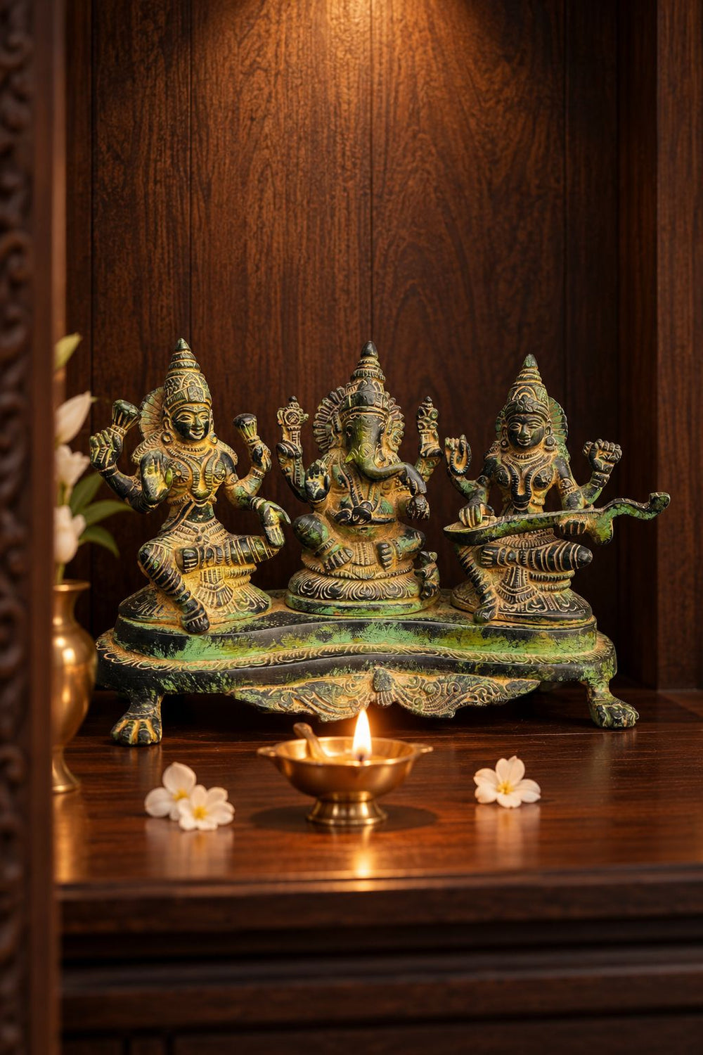 Antique Brass Ganesha, Lakshmi & Saraswati Idol – Green Patina