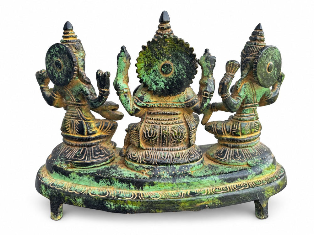 Antique Brass Ganesha, Lakshmi & Saraswati Idol – Green Patina