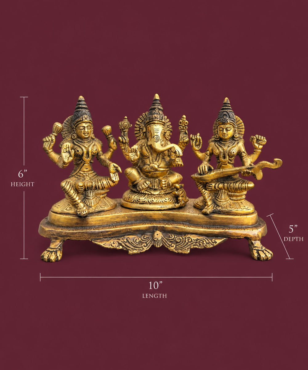 Antique Brass Ganesha, Lakshmi & Saraswati Idol – Golden Finish