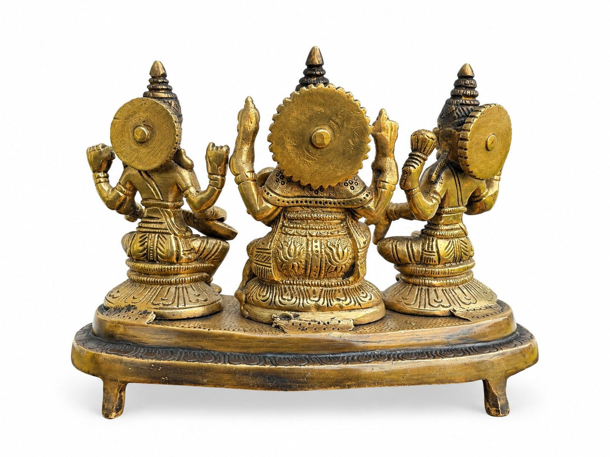 Antique Brass Ganesha, Lakshmi & Saraswati Idol – Golden Finish