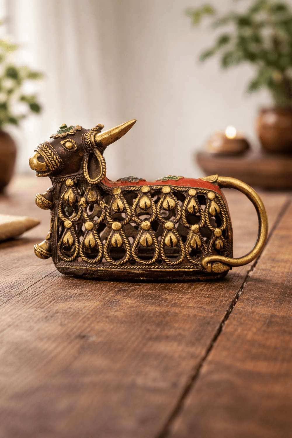 Dhokra Brass Nandi with Colourful Jali Work