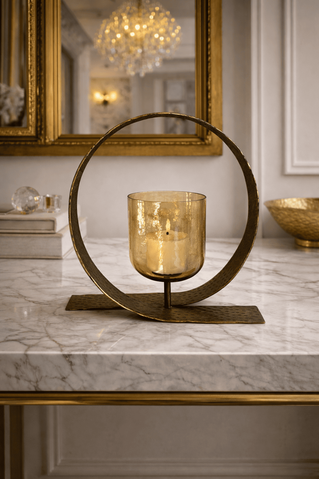 Sculptural Brass Votive Holder with Amber Cup