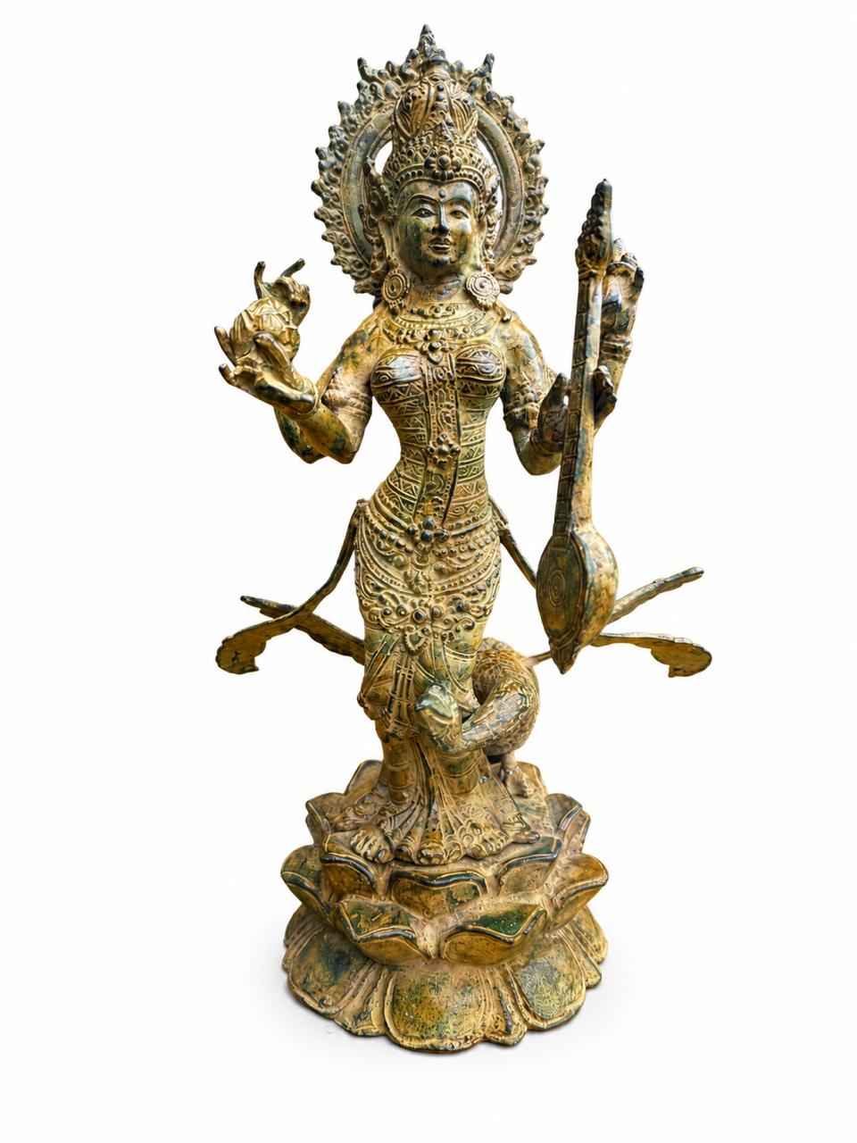 Balinese Bronze Goddess Saraswati Sculpture | 14-Inch Antique Finish