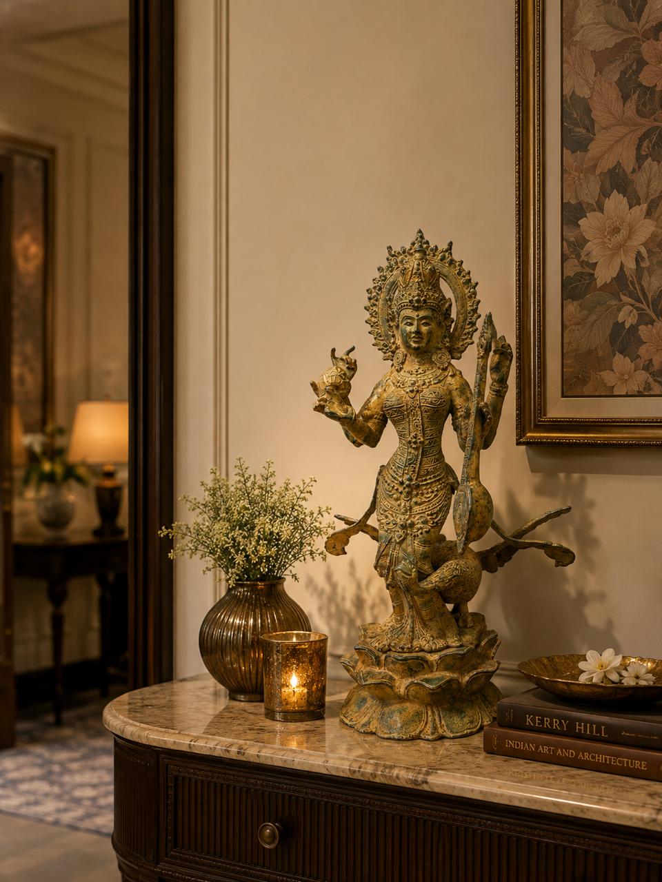 Balinese Bronze Goddess Saraswati Sculpture | 14-Inch Antique Finish