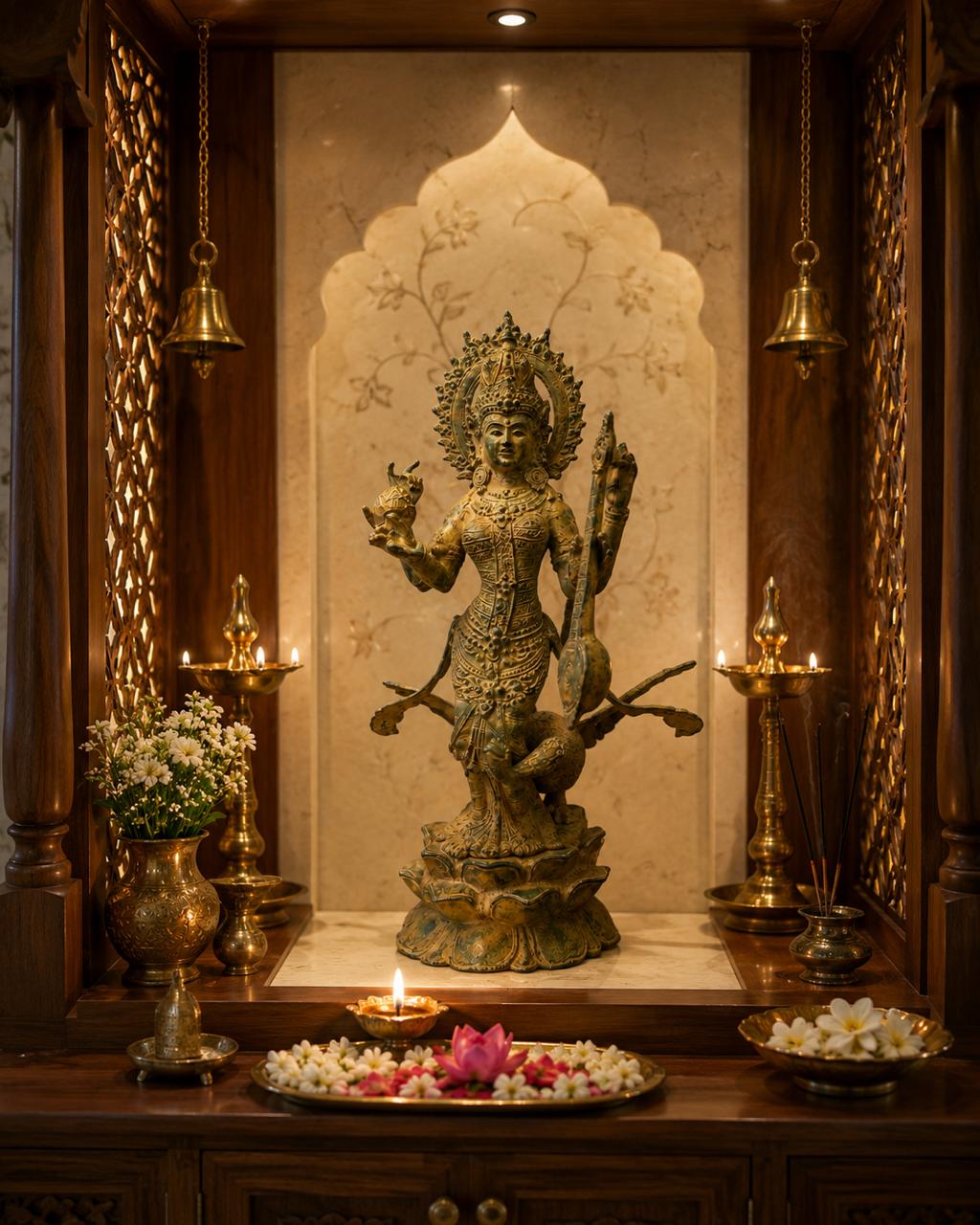 Balinese Bronze Goddess Saraswati Sculpture | 14-Inch Antique Finish