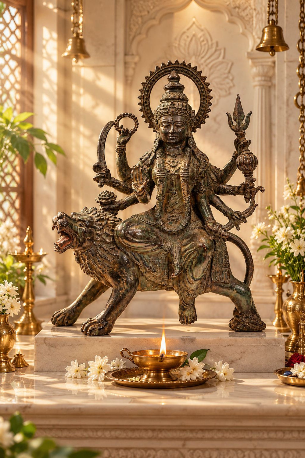 Maa Durga on Lion | Indonesian Bronze Sculpture in 13.5 Inches
