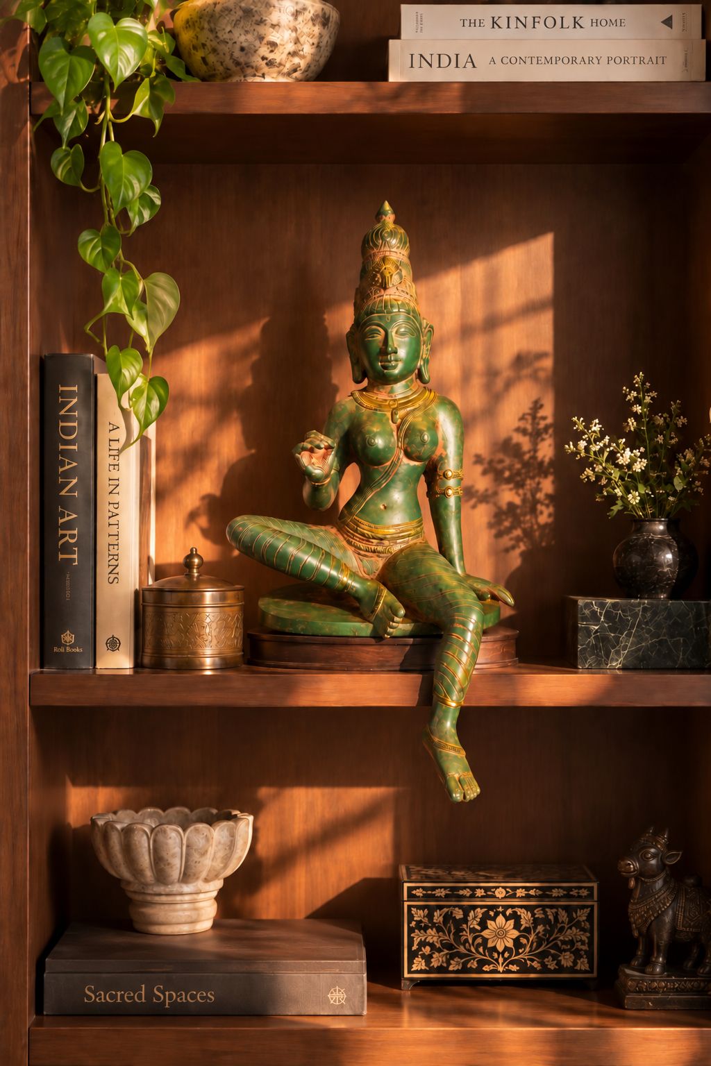 Chola Parvati in Lalitasana 13 Inches in Antique Green (Inspired by Early Chola bronzes of Parvati, circa 1000 A.D.)