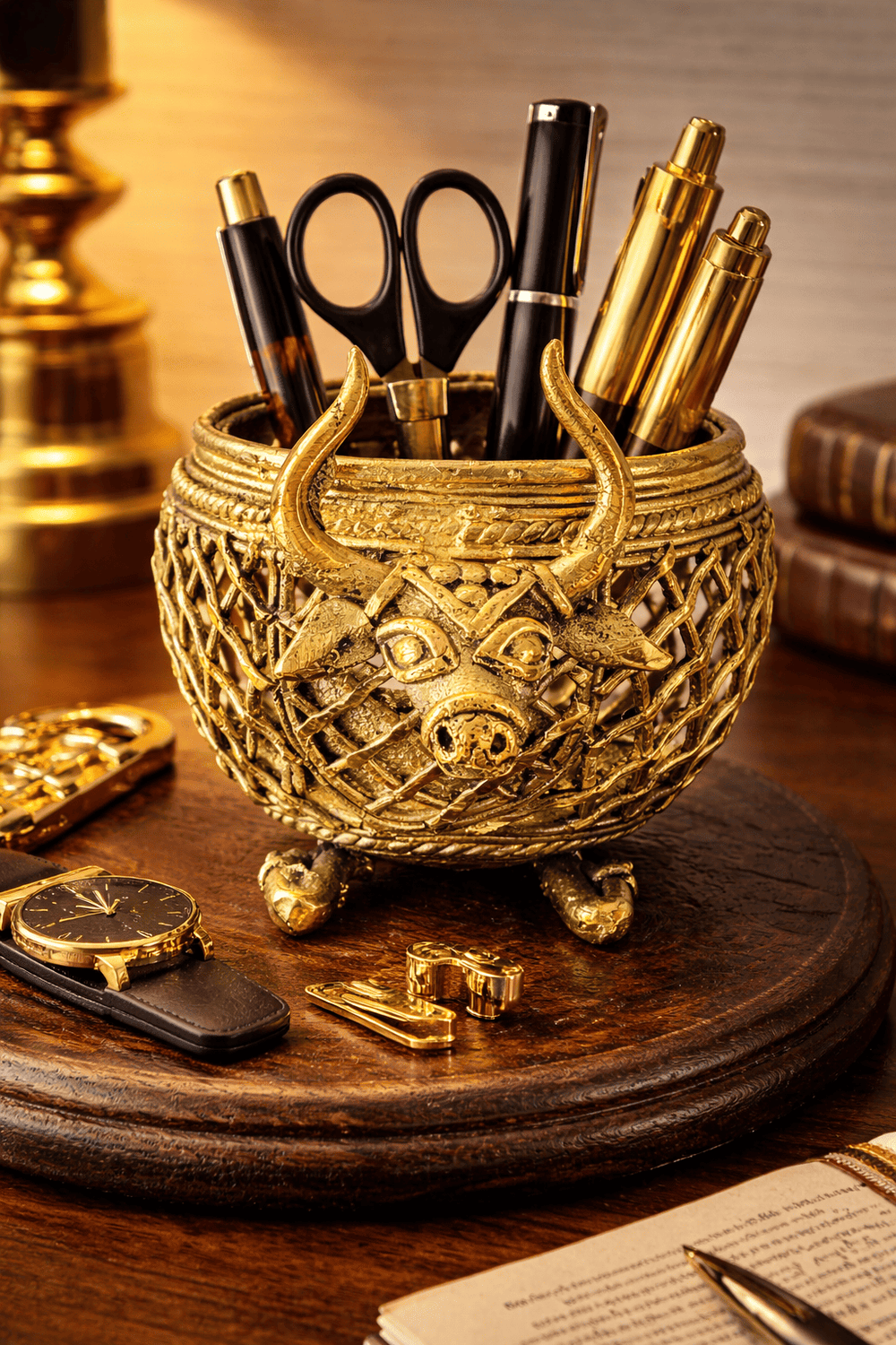 Dhokra Brass Sitting Bull Accessory Holder
