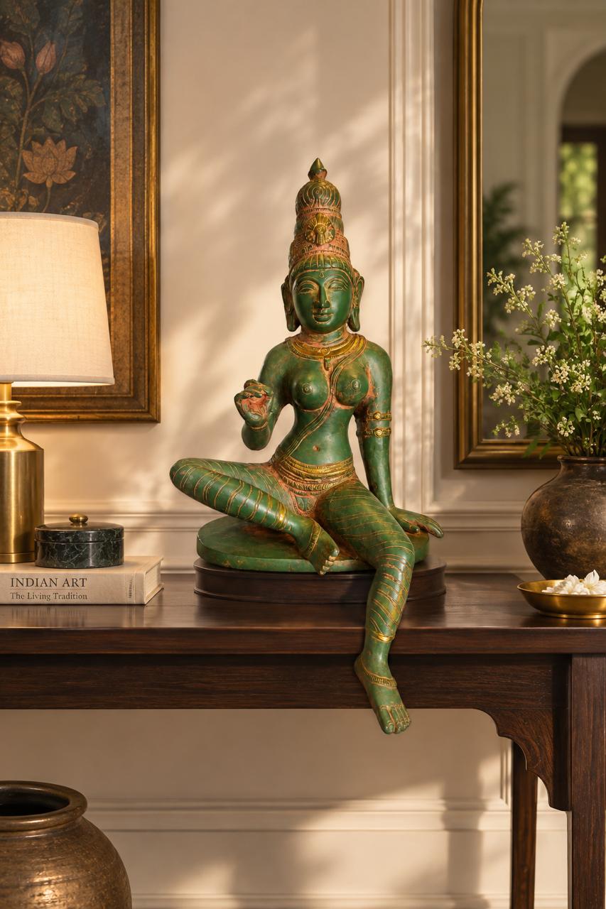 Chola Parvati in Lalitasana 13 Inches in Antique Green (Inspired by Early Chola bronzes of Parvati, circa 1000 A.D.)
