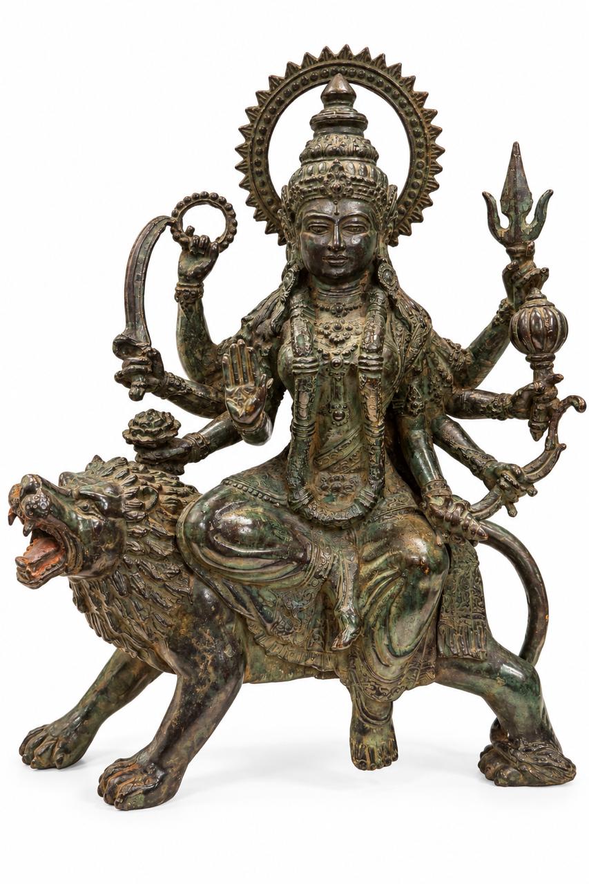 Maa Durga on Lion | Indonesian Bronze Sculpture in 13.5 Inches