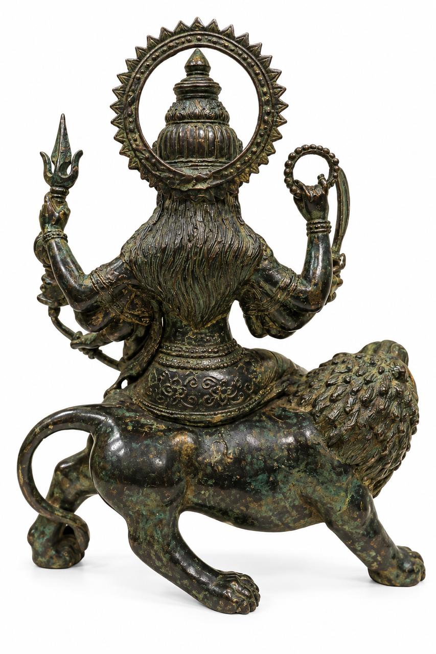 Maa Durga on Lion | Indonesian Bronze Sculpture in 13.5 Inches