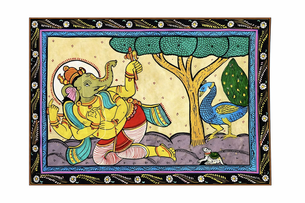 Ganesha in Repose with Peacock Pattachitra Painting (Unframed)