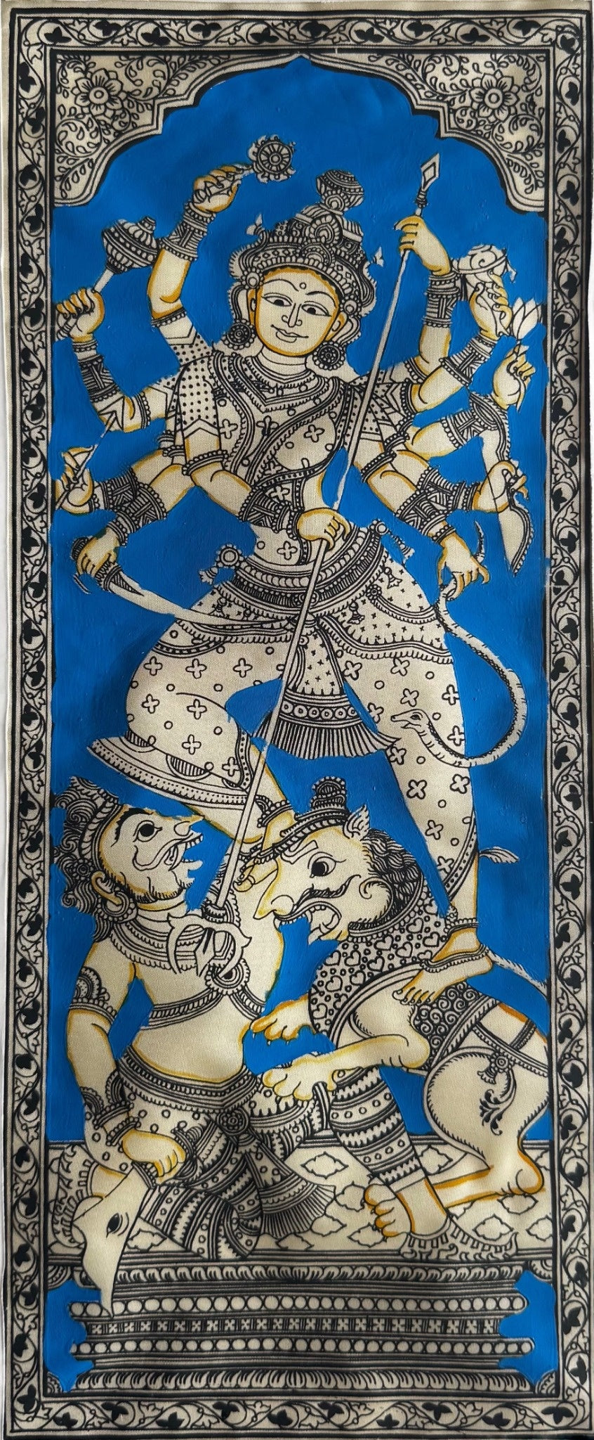 Durga Slaying Mahishasura Pattachitra Painting in Blue – By a National Awardee (Unframed)