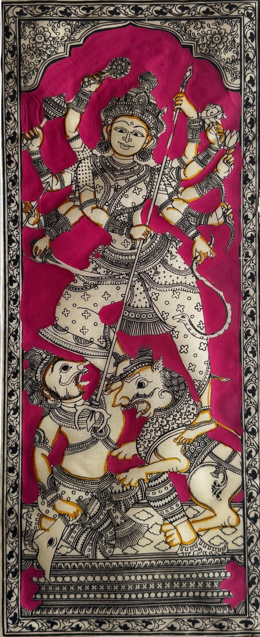 Durga Slaying Mahishasura Pattachitra Painting in Pink – By a National Awardee (Unframed)