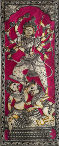 Durga Slaying Mahishasura Pattachitra Painting in Pink – By a National Awardee (Unframed)