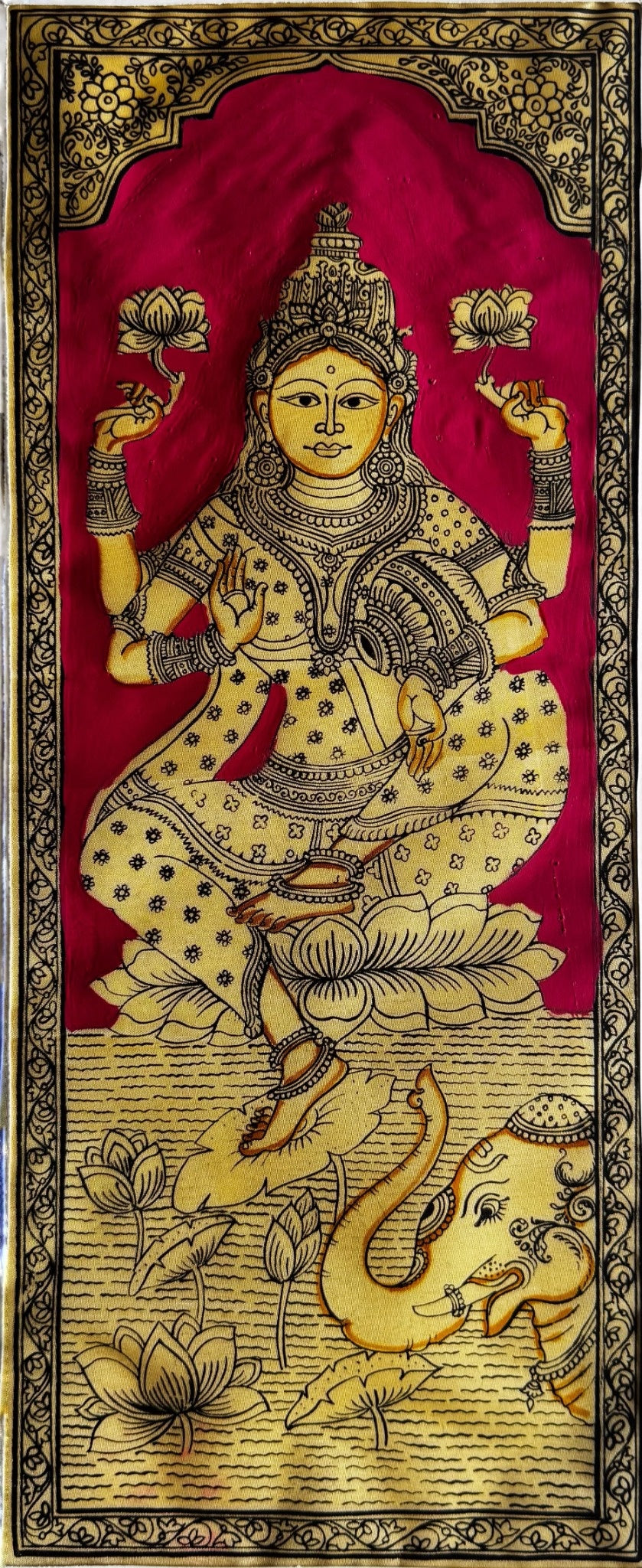 Gajalakshmi in Pattachitra Painting in Red – By a National Awardee (Unframed)