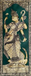 Maa Saraswati in Pattachitra Painting in Green – By a National Awardee (Unframed)