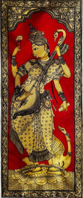 Goddess Saraswati in Pattachitra Painting in Red – By a National Awardee (Unframed)
