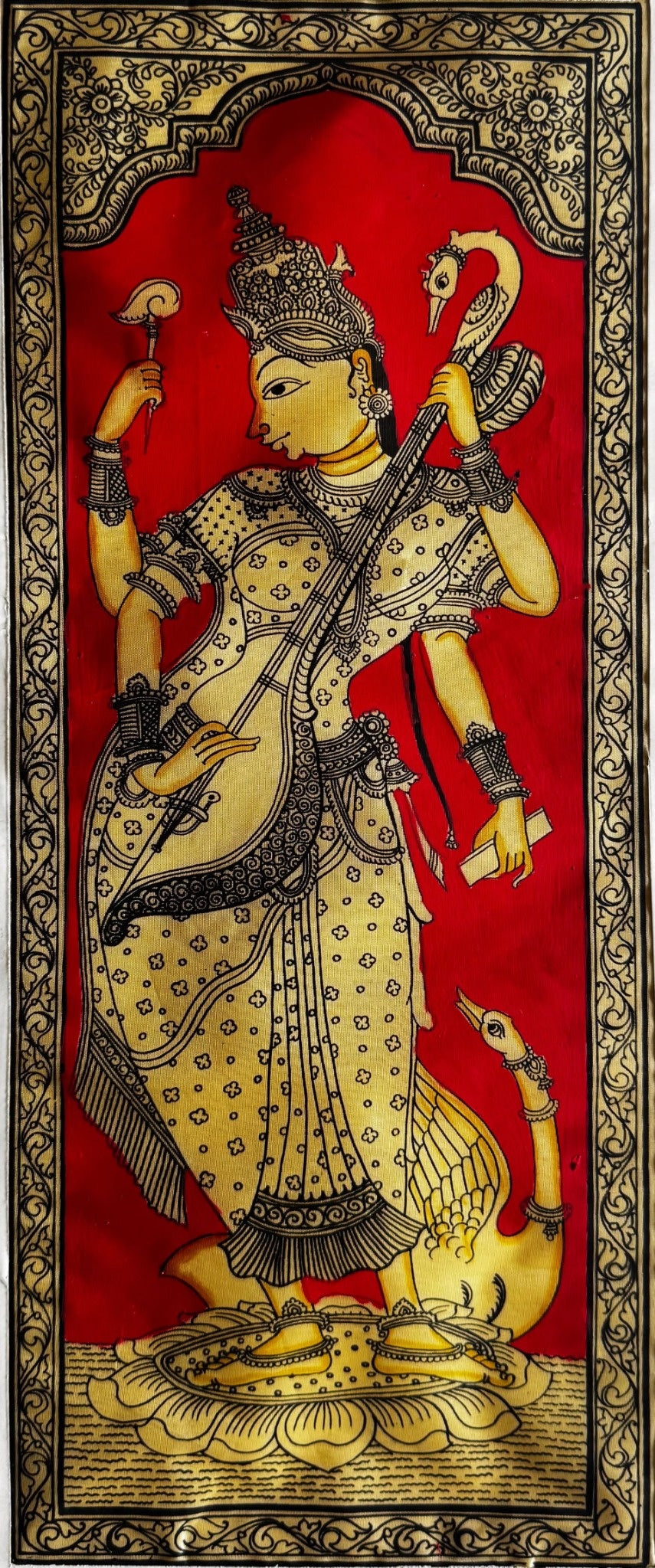 Goddess Saraswati in Pattachitra Painting in Red – By a National Awardee (Unframed)