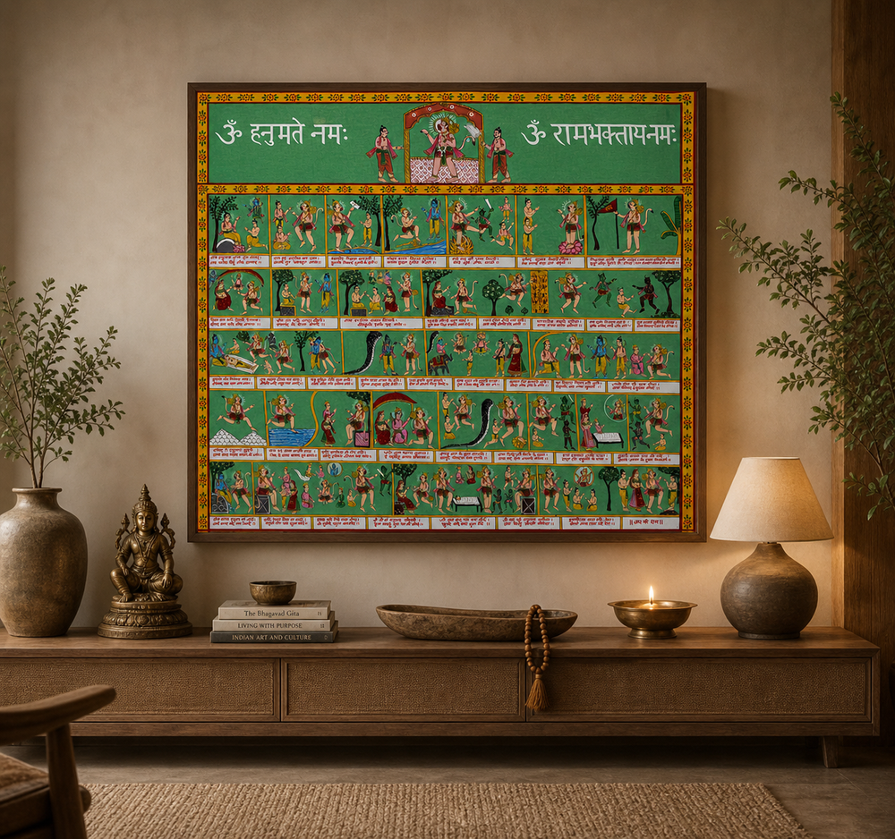 Shree Hanuman Chalisa Phad Painting in Green (Original by a National Awardee) - Unframed