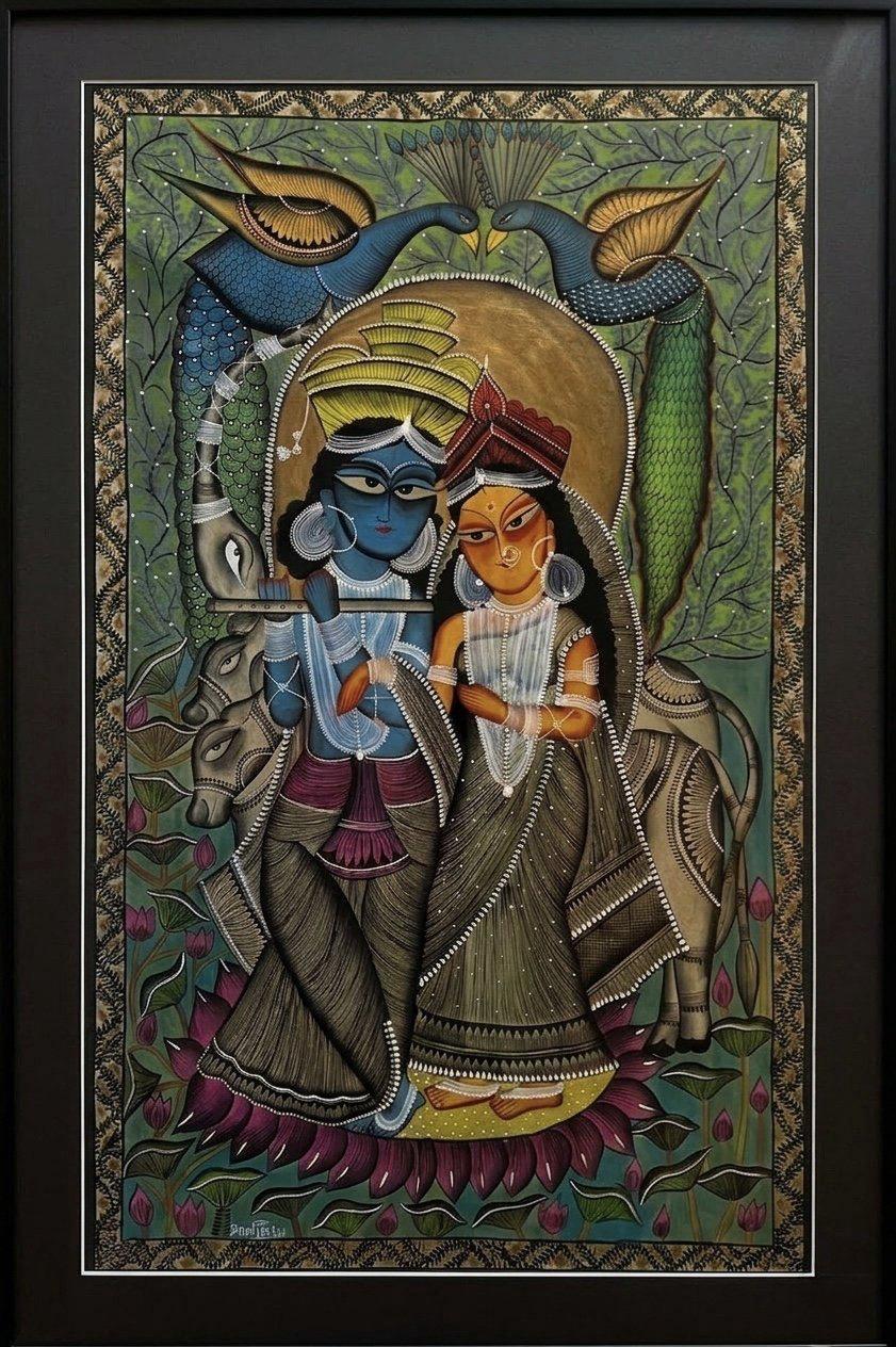 Radha Krishna Kalighat Pattachitra Painting by a National Awardee (Museum-Grade Framed)
