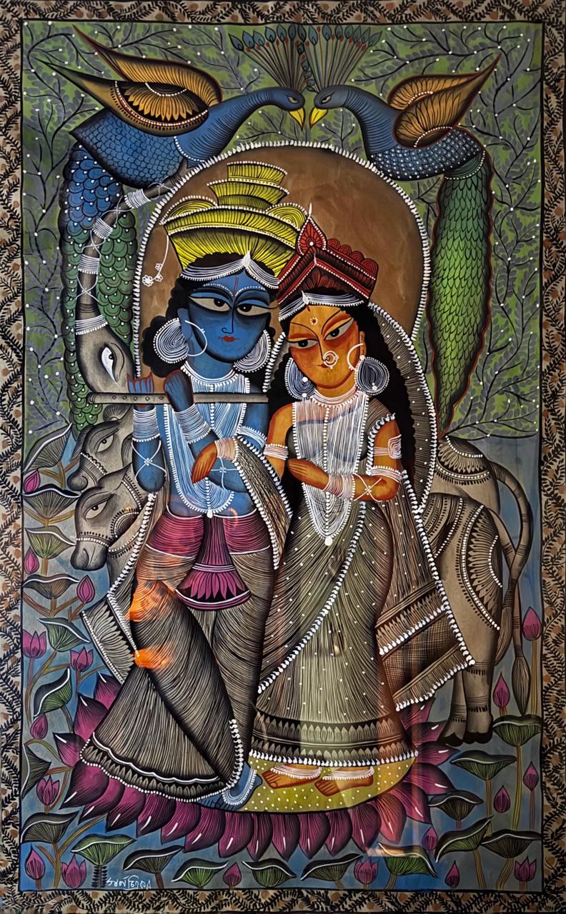 Radha Krishna Kalighat Pattachitra Painting by a National Awardee (Unframed)