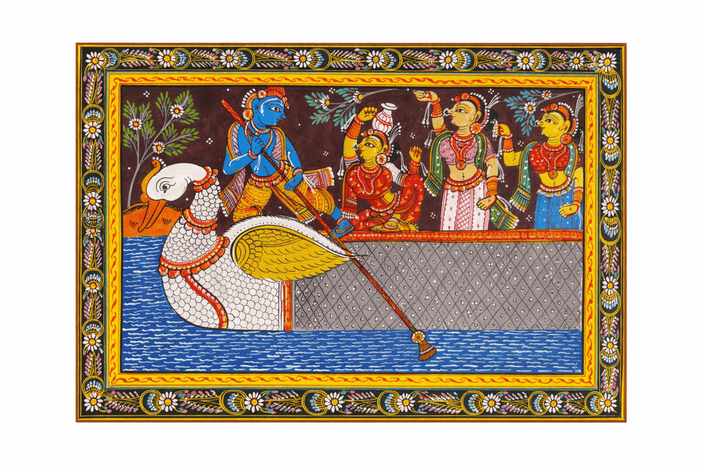 Krishna in the Swan Boat Pattachitra Painting (Unframed)