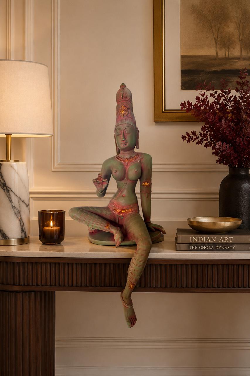 Large Chola Parvati in Lalitasana – Greenish (Inspired by Early Chola bronzes of Parvati, circa 1000 A.D.)