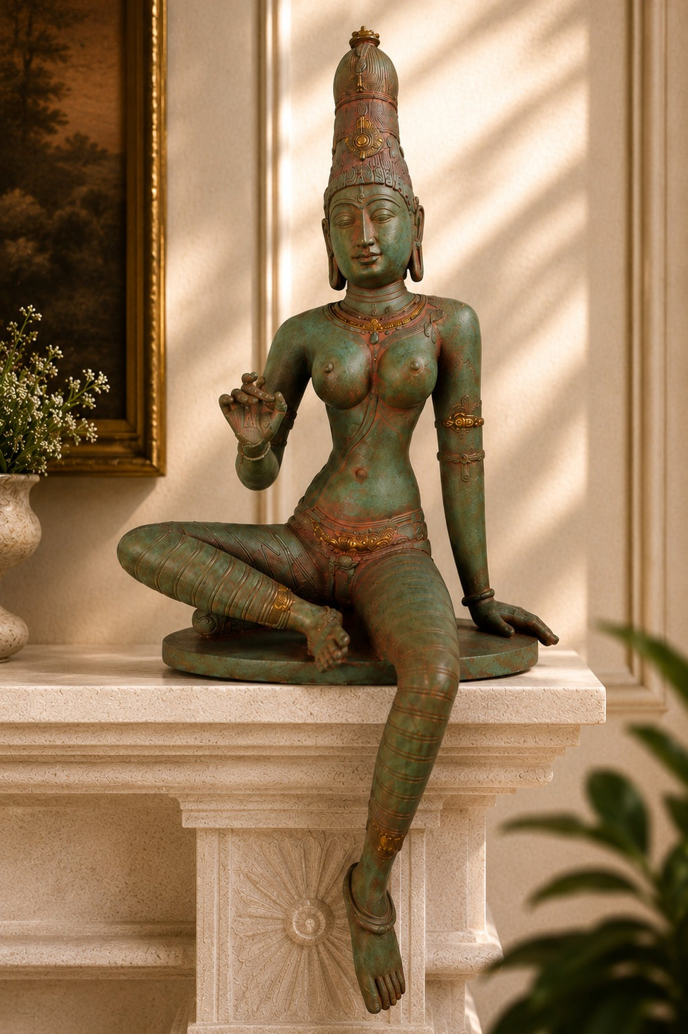 Large Chola Parvati in Lalitasana – Greenish (Inspired by Early Chola bronzes of Parvati, circa 1000 A.D.)