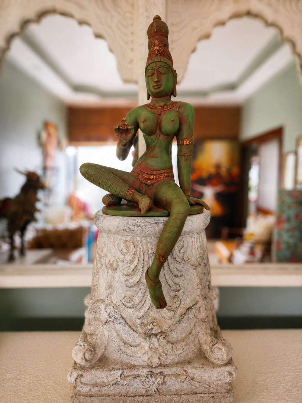 Large Chola Parvati in Lalitasana – Greenish (Inspired by Early Chola bronzes of Parvati, circa 1000 A.D.)