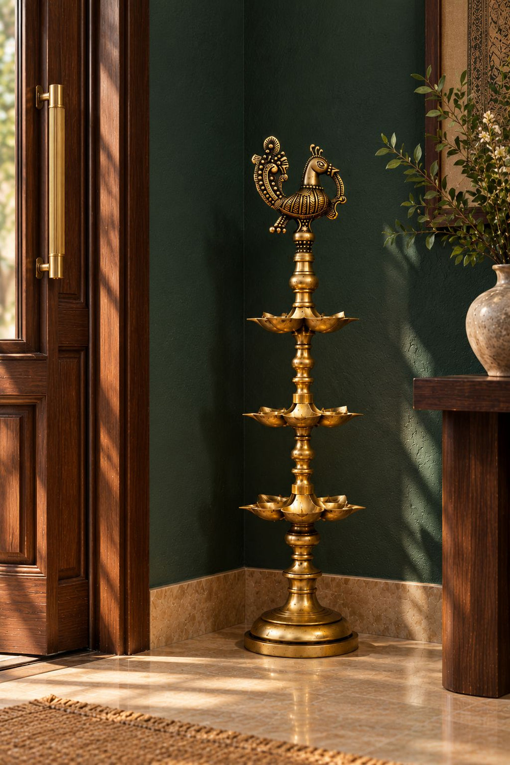Peacock Brass Diya Pillar