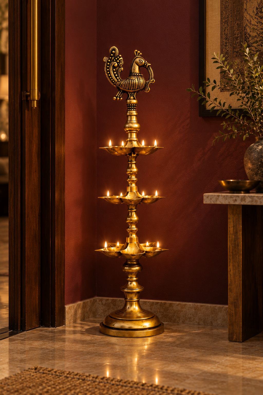 Peacock Brass Diya Pillar
