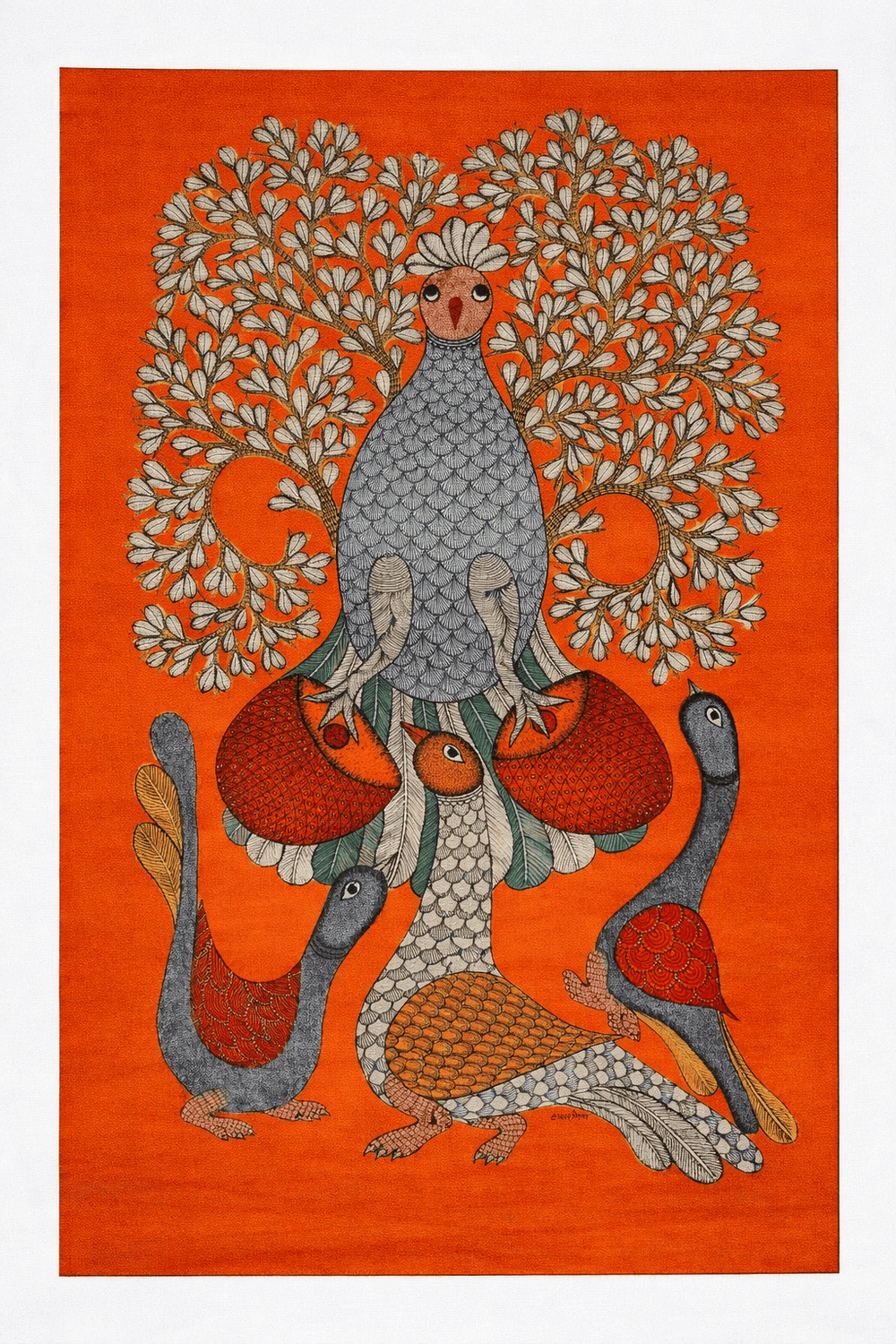 The Musical Peacocks Gond Painting by Renowned Artist (Unframed)