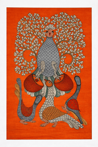 The Musical Peacocks Gond Painting by Renowned Artist (Unframed)