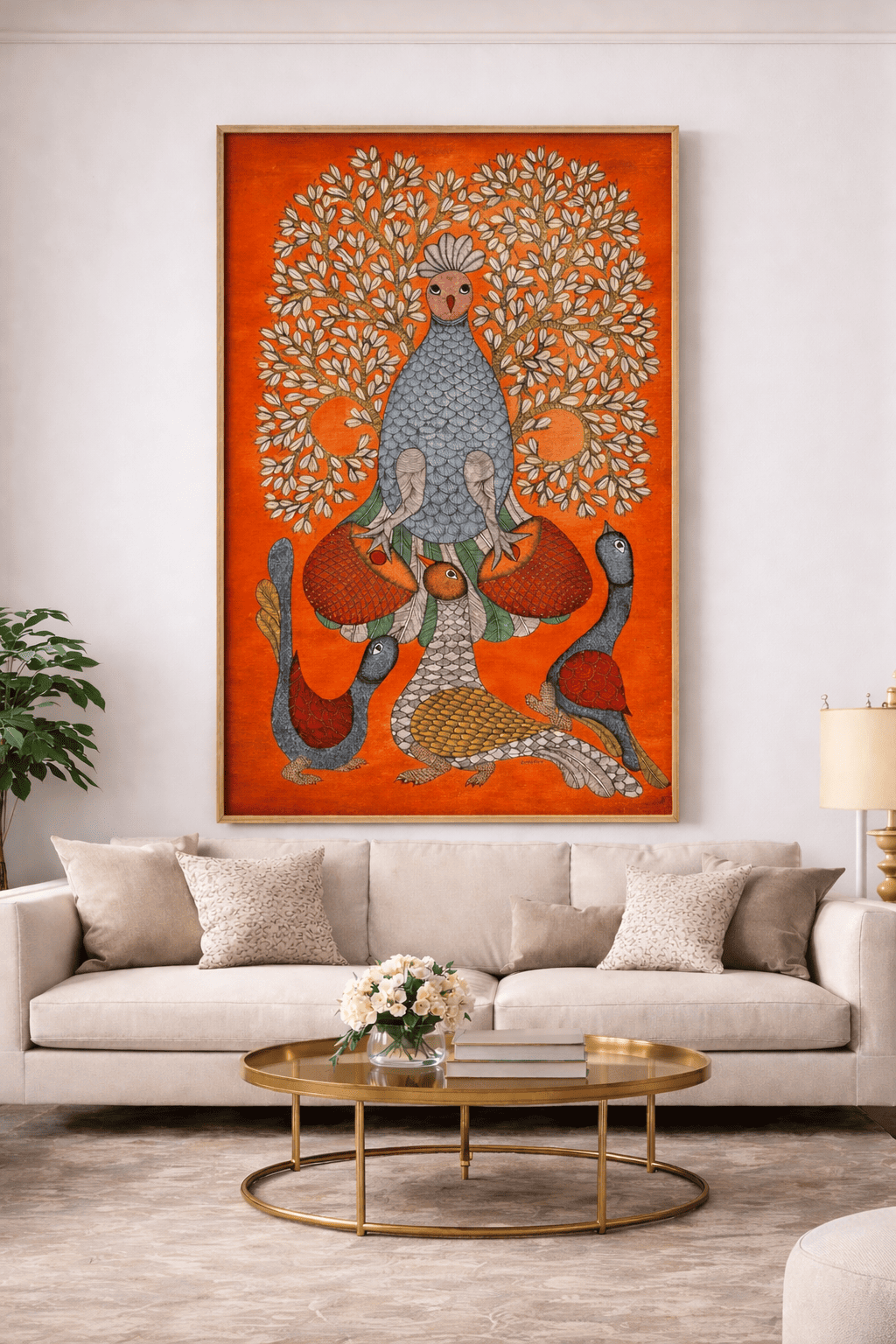 The Musical Peacocks Gond Painting by Renowned Artist (Unframed)