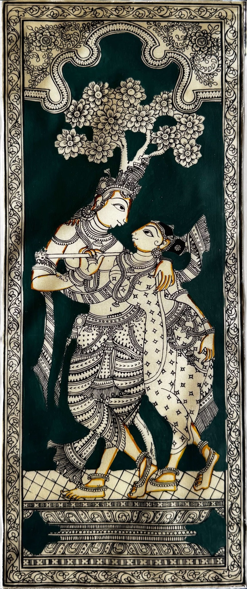 Radha Krishna under the Tree in Pattachitra Painting in Green – By a National Awardee (Unframed)