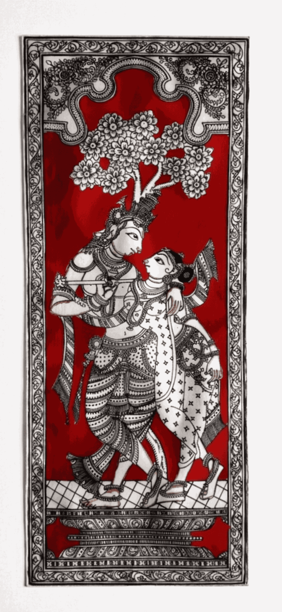 Radha Krishna under the Tree in Pattachitra Painting in Maroon – By a National Awardee (Unframed)