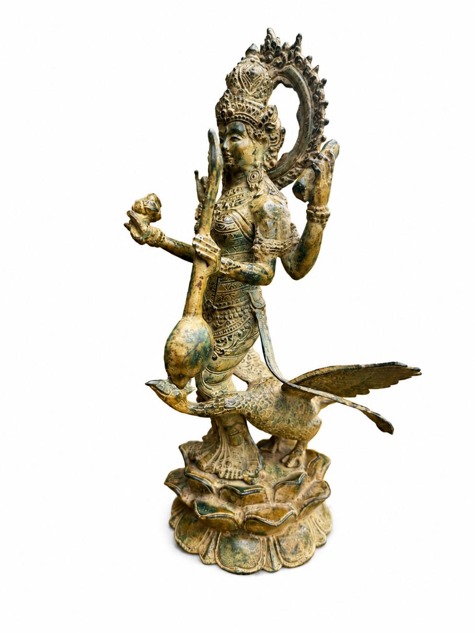 Balinese Bronze Goddess Saraswati Sculpture | 14-Inch Antique Finish